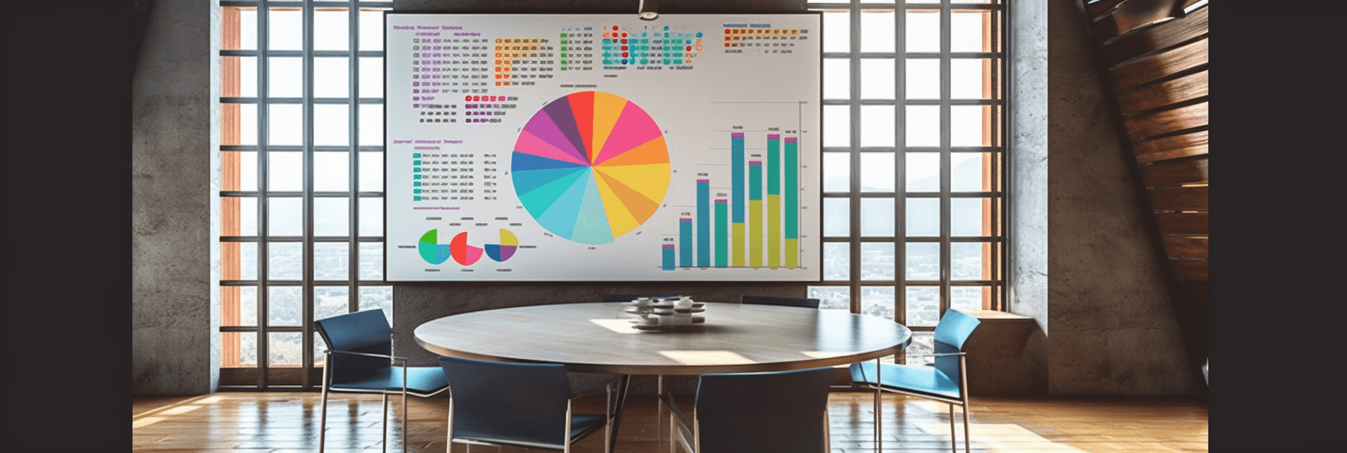 Modern conference room with four chairs and and round table. Behind the table there is a whiteboard with different kind of charts (e.g. pie chart)